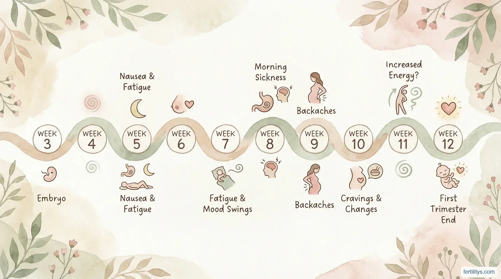 Watercolour timeline showing early pregnancy symptoms from week 3 to week 12