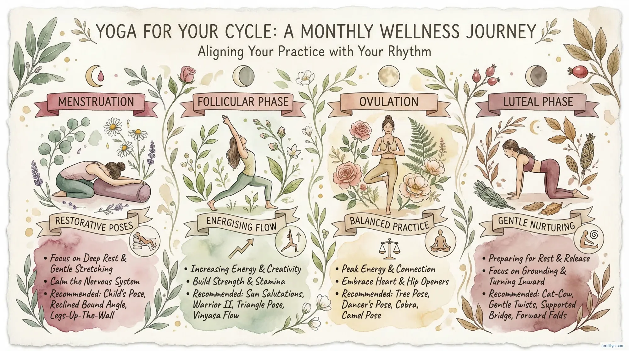 Watercolour infographic showing yoga recommendations for each phase of the menstrual cycle