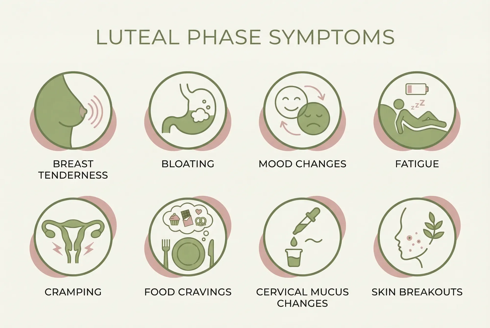 Visual guide to 8 common luteal phase symptoms including breast tenderness, bloating, mood changes, fatigue, cramping, appetite changes, cervical mucus changes, and skin breakouts
