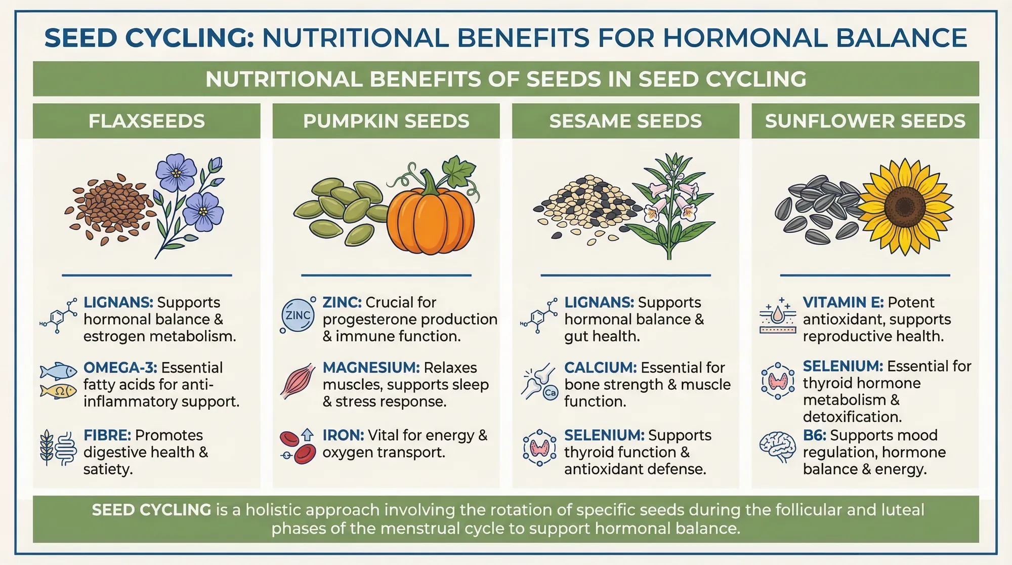 Infographic showing key nutrients in flax, pumpkin, sesame, and sunflower seeds