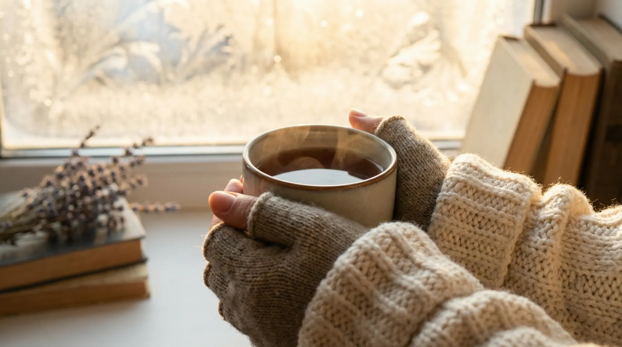 Hands wrapped around a warm mug of herbal tea during the two-week wait
