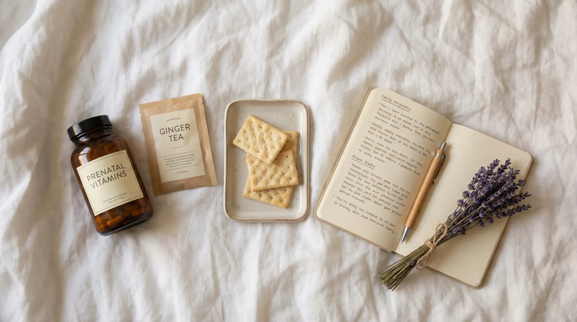 Early pregnancy essentials — prenatal vitamins, ginger tea, journal, and crackers