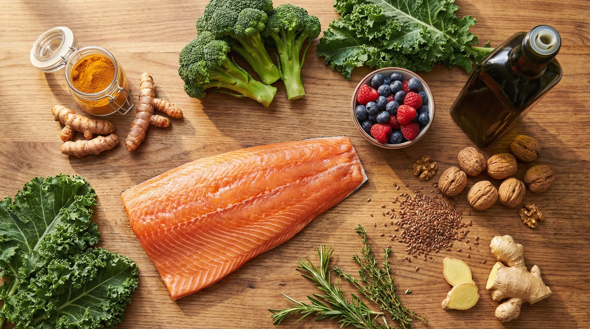 Anti-inflammatory foods flat lay: salmon, turmeric, broccoli, walnuts, berries, olive oil, ginger