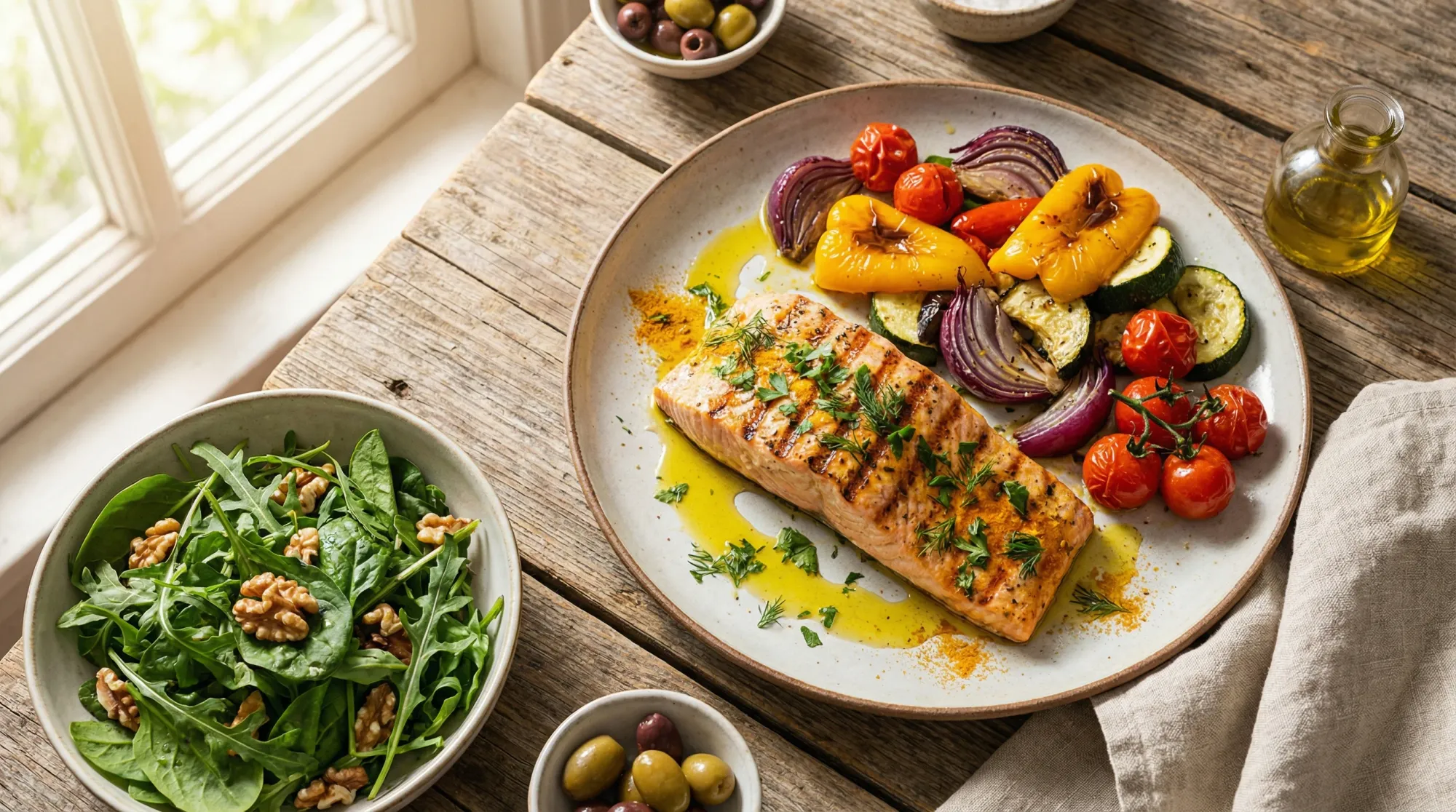 Anti-inflammatory Mediterranean meal with salmon and roasted vegetables