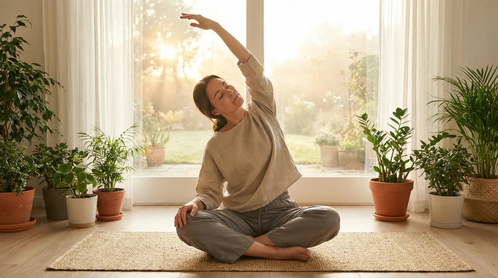 Gentle morning yoga by a window with sunrise light — grounding practice for fertility anxiety