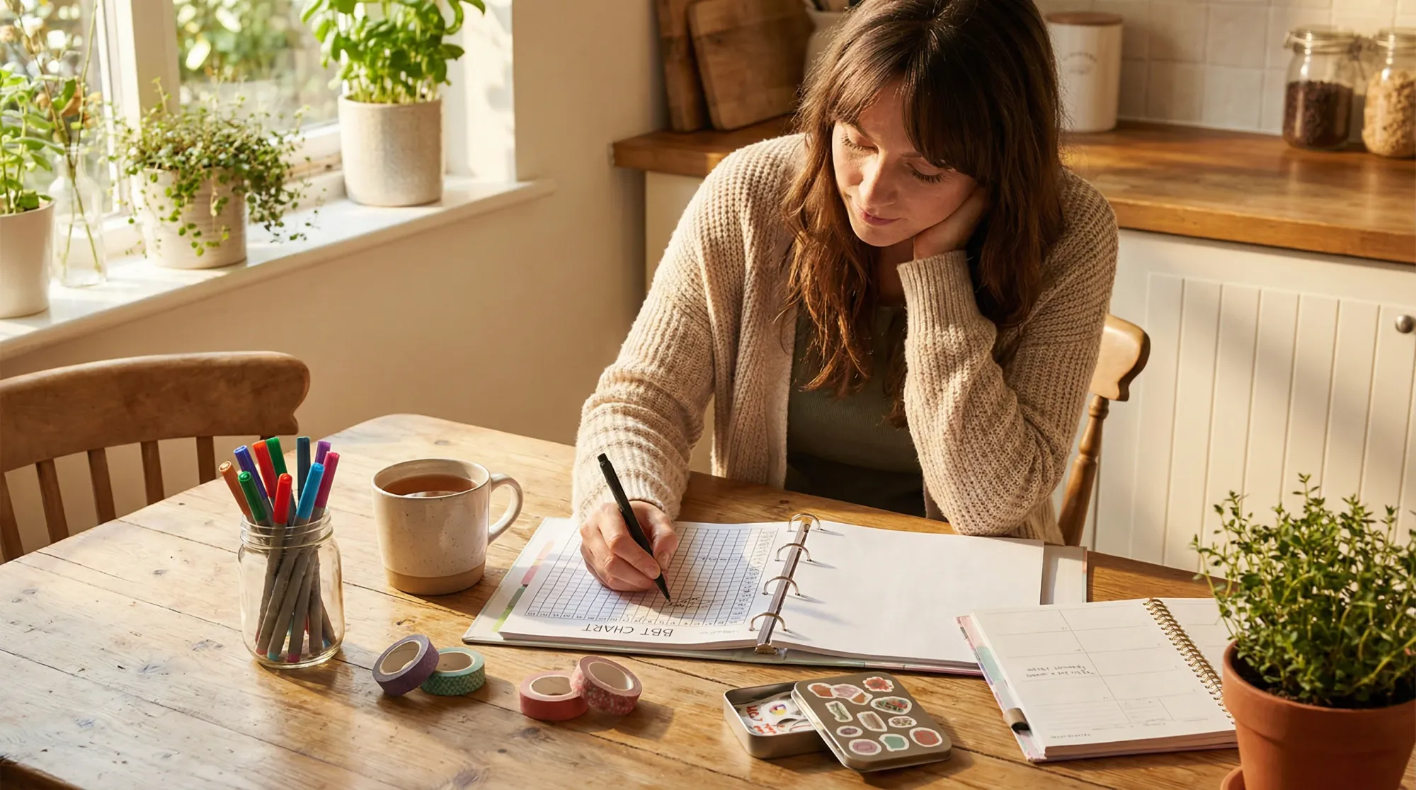 Woman charting her basal body temperature cycle at the kitchen table