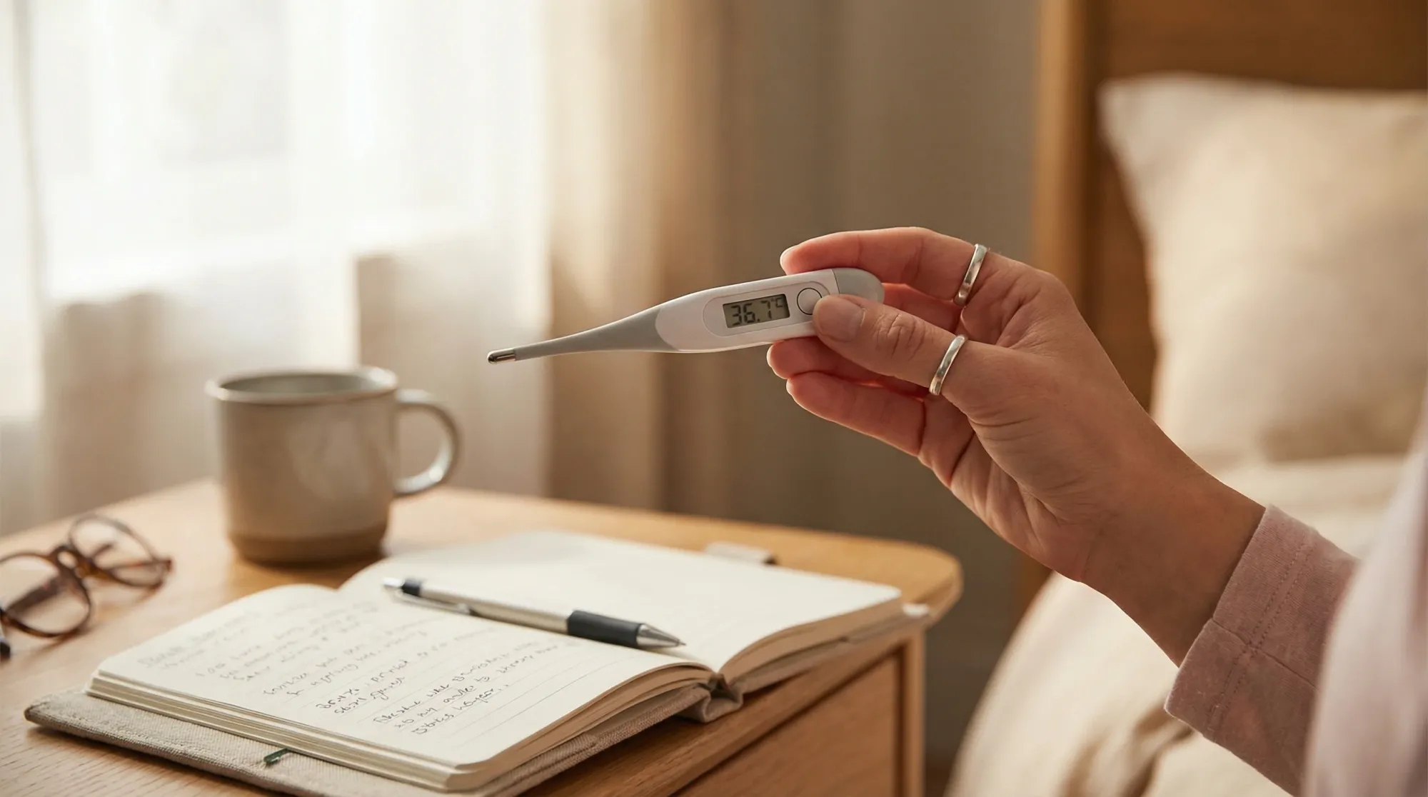 BBT thermometer on bedside table with tracking journal