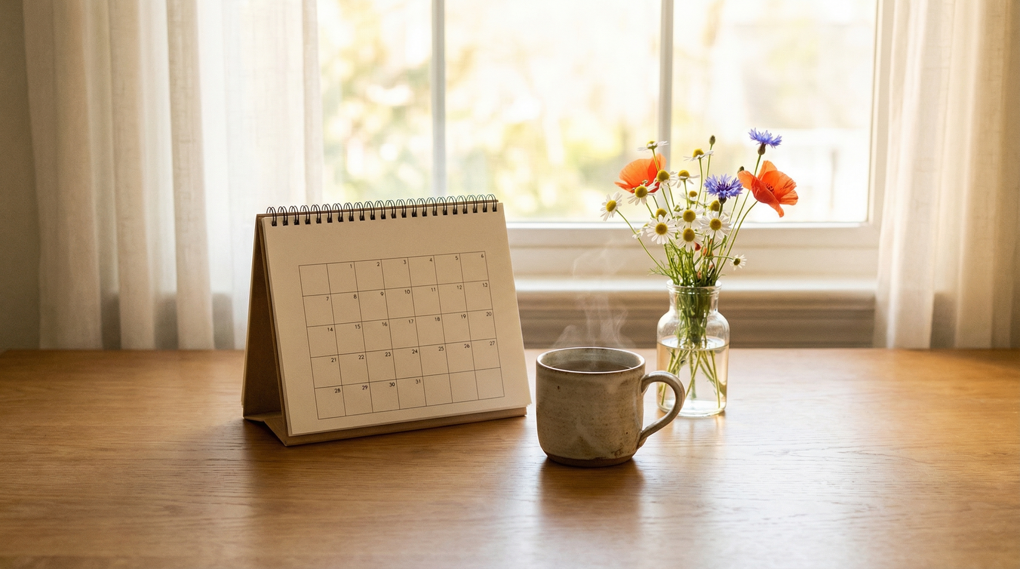 Calendar with dates circled and herbal tea on a kitchen table