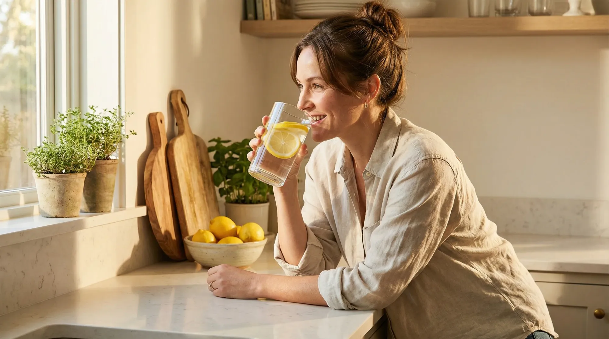 Drinking water with lemon — staying hydrated supports healthy cervical mucus