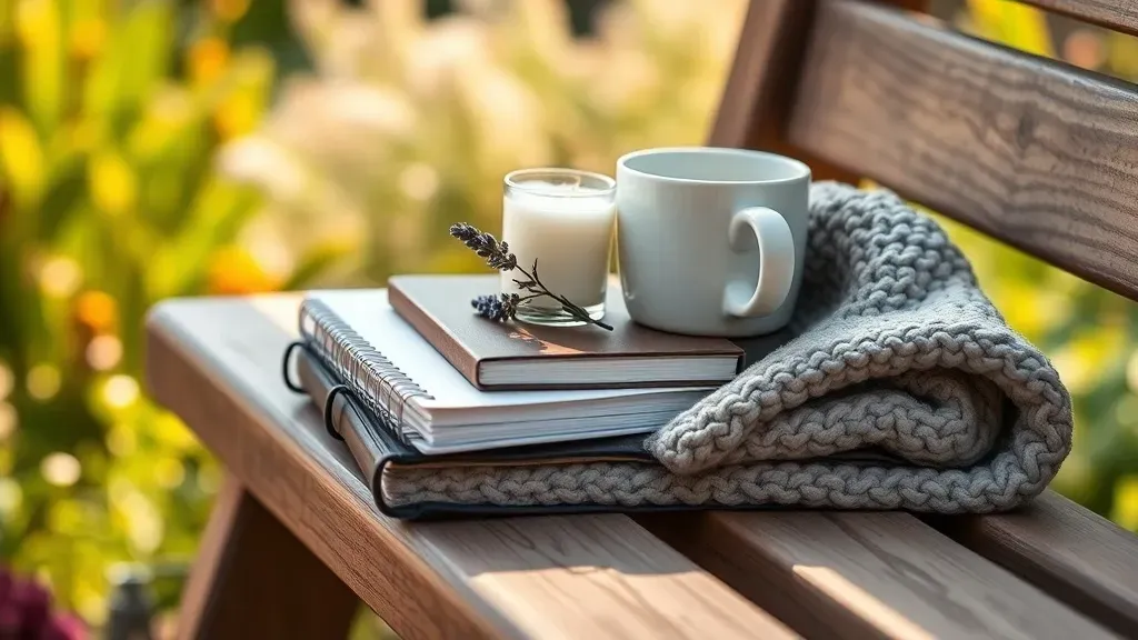 Self-care items arranged on a garden bench: journal, candle, lavender, and herbal tea