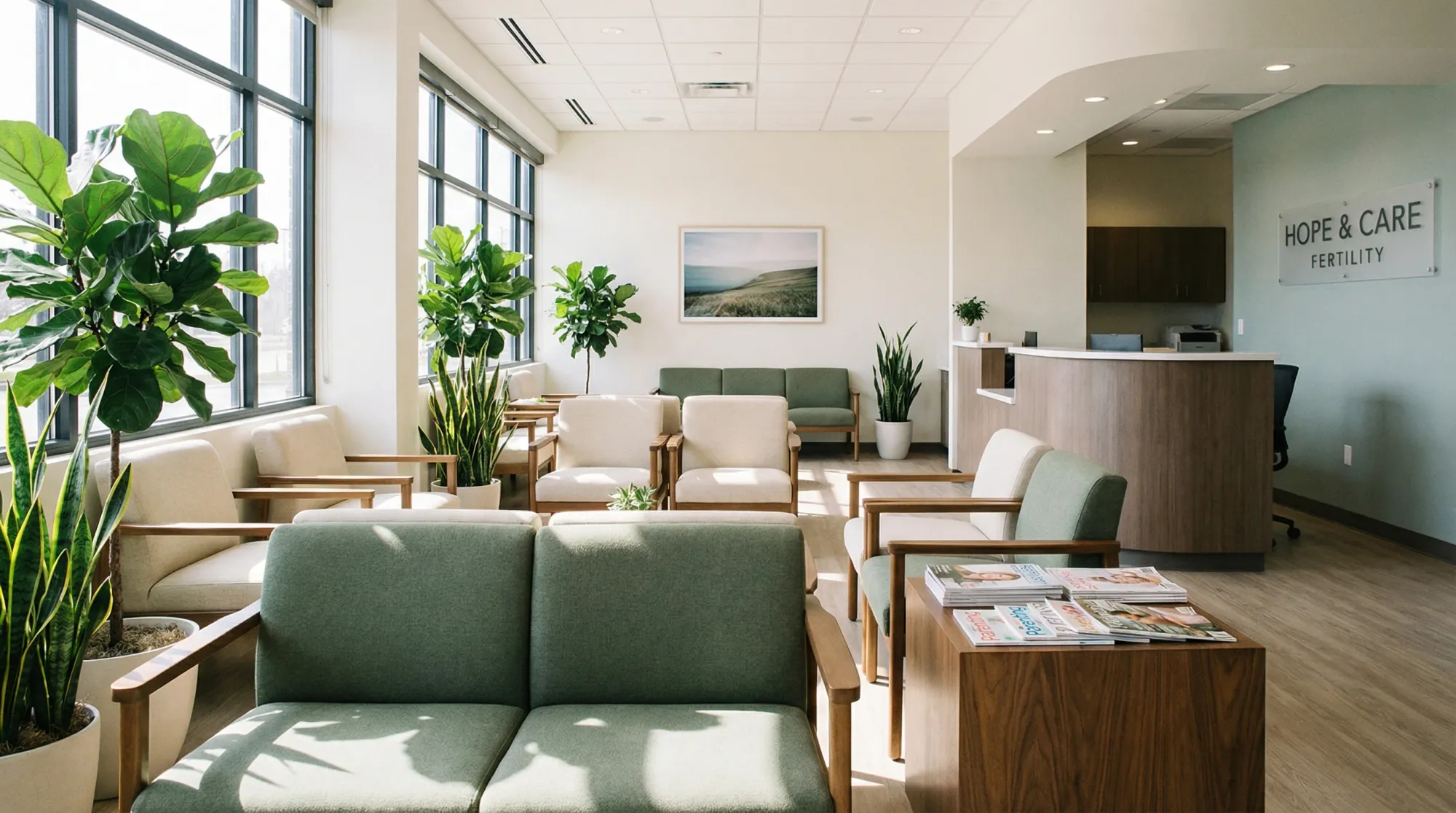 Bright modern fertility clinic waiting room with plants and natural light