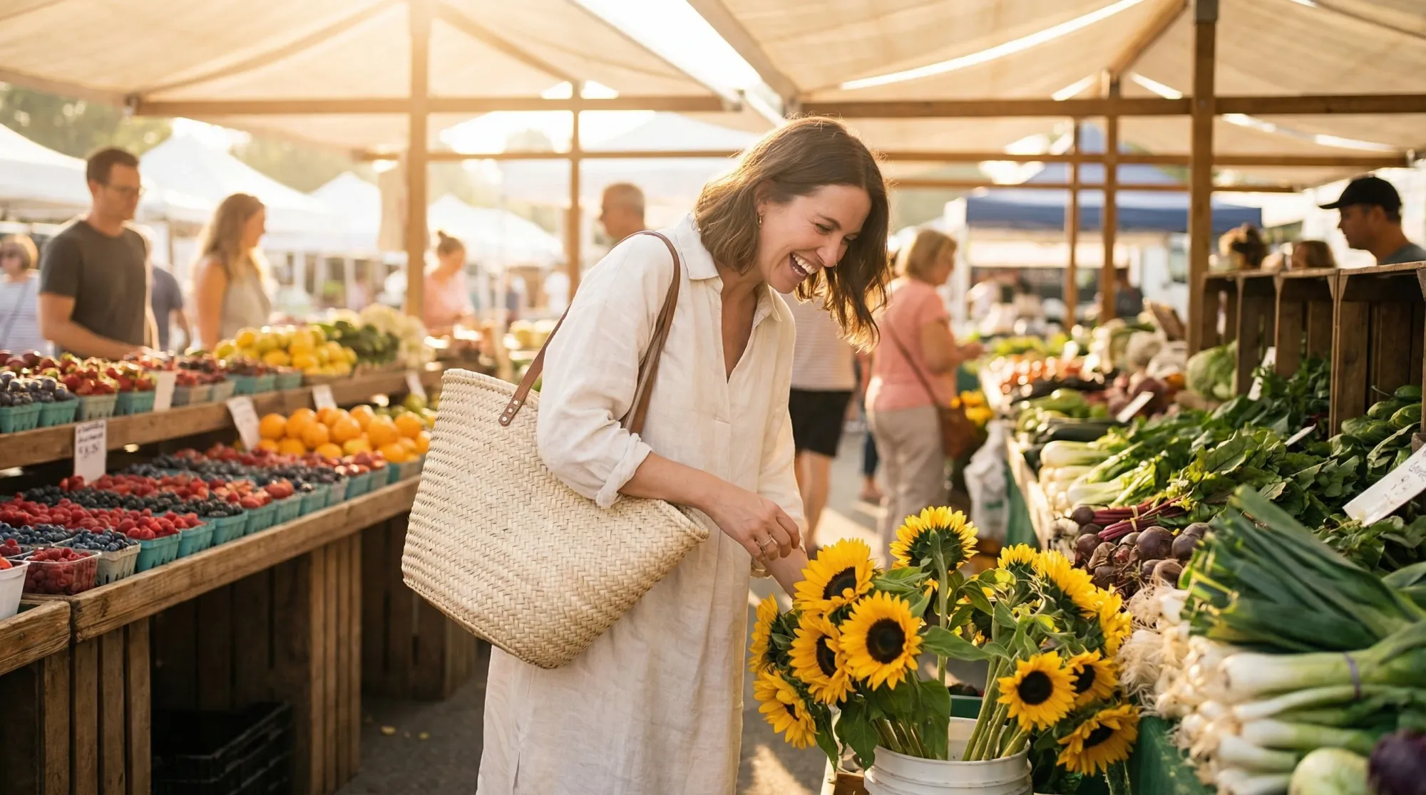 Woman browsing a sunlit farmers market on a weekend morning