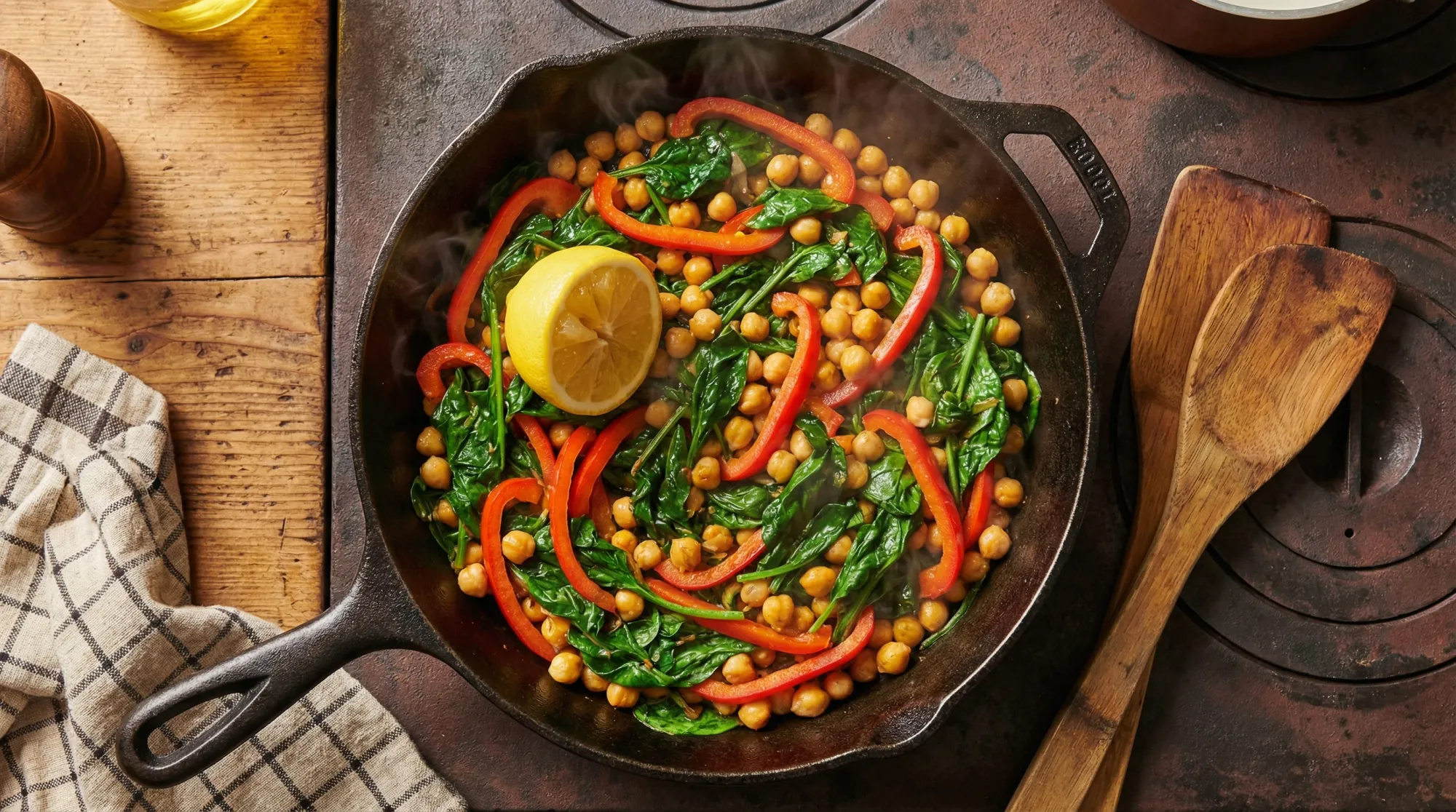 Colourful stir-fry with spinach and chickpeas in a cast iron skillet