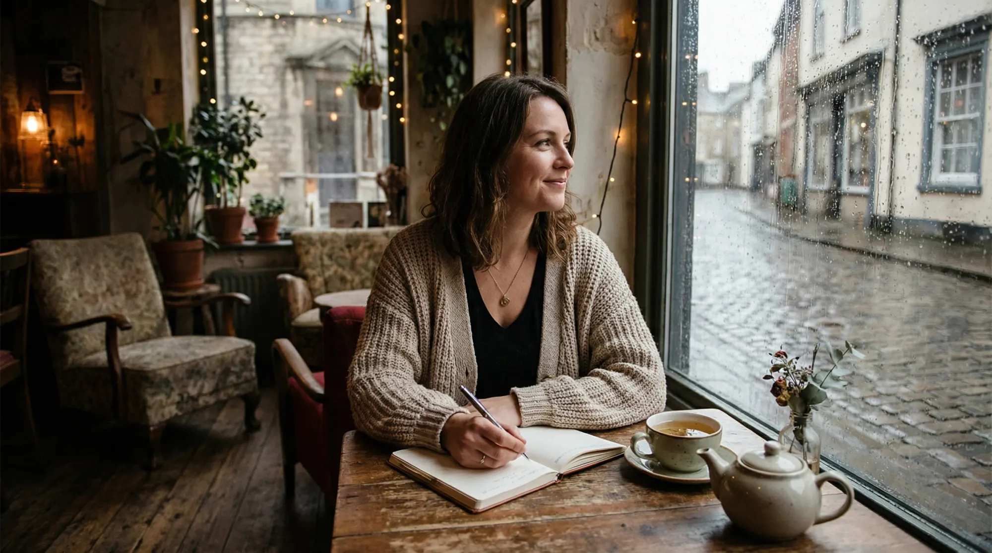 Woman journaling at a cafe with herbal tea, processing a late period