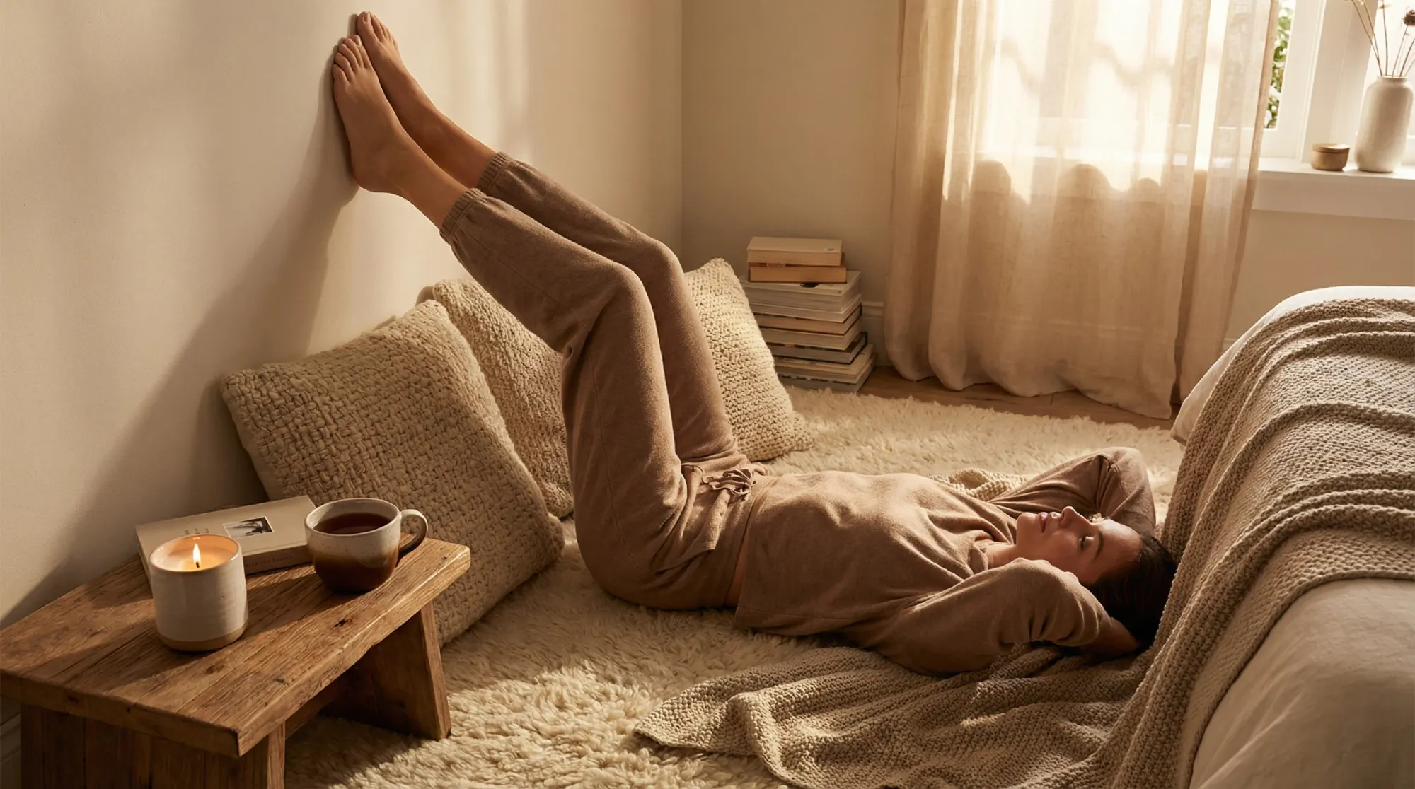 Legs-up-the-wall yoga pose with candle and raspberry leaf tea — luteal phase self-care