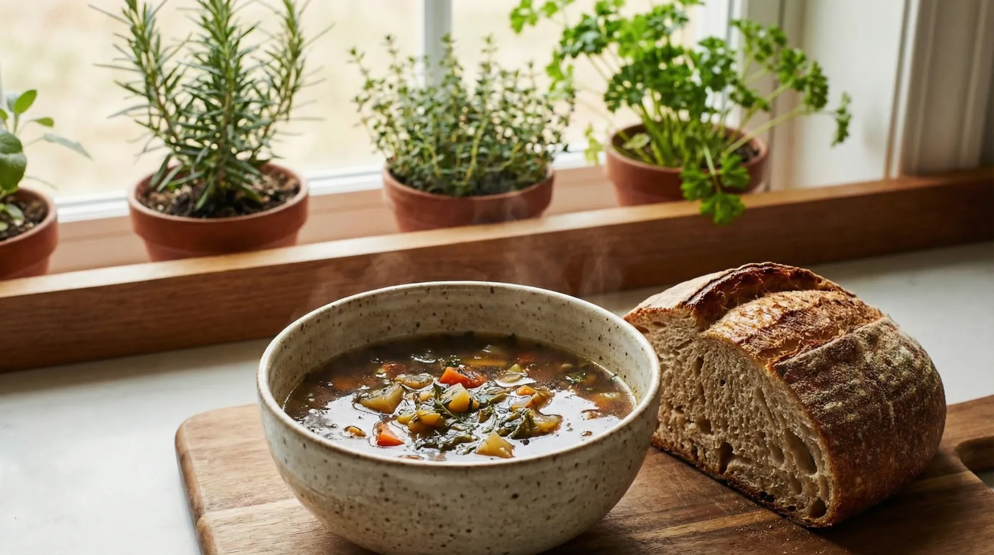 Warm bone broth with vegetables — gentle nourishment after loss