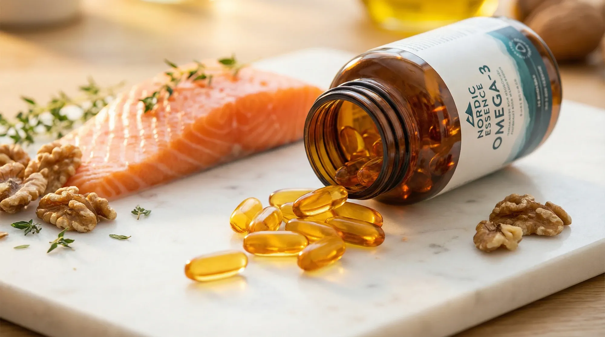 Fish oil capsules beside fresh salmon and walnuts on marble surface