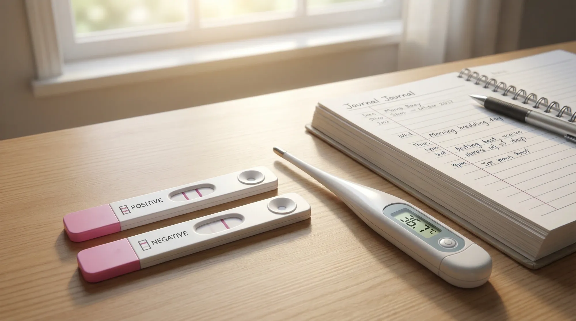 Positive and negative OPK test strips with BBT thermometer and tracking journal