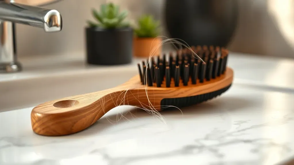 Hair brush with loose strands on a bathroom counter