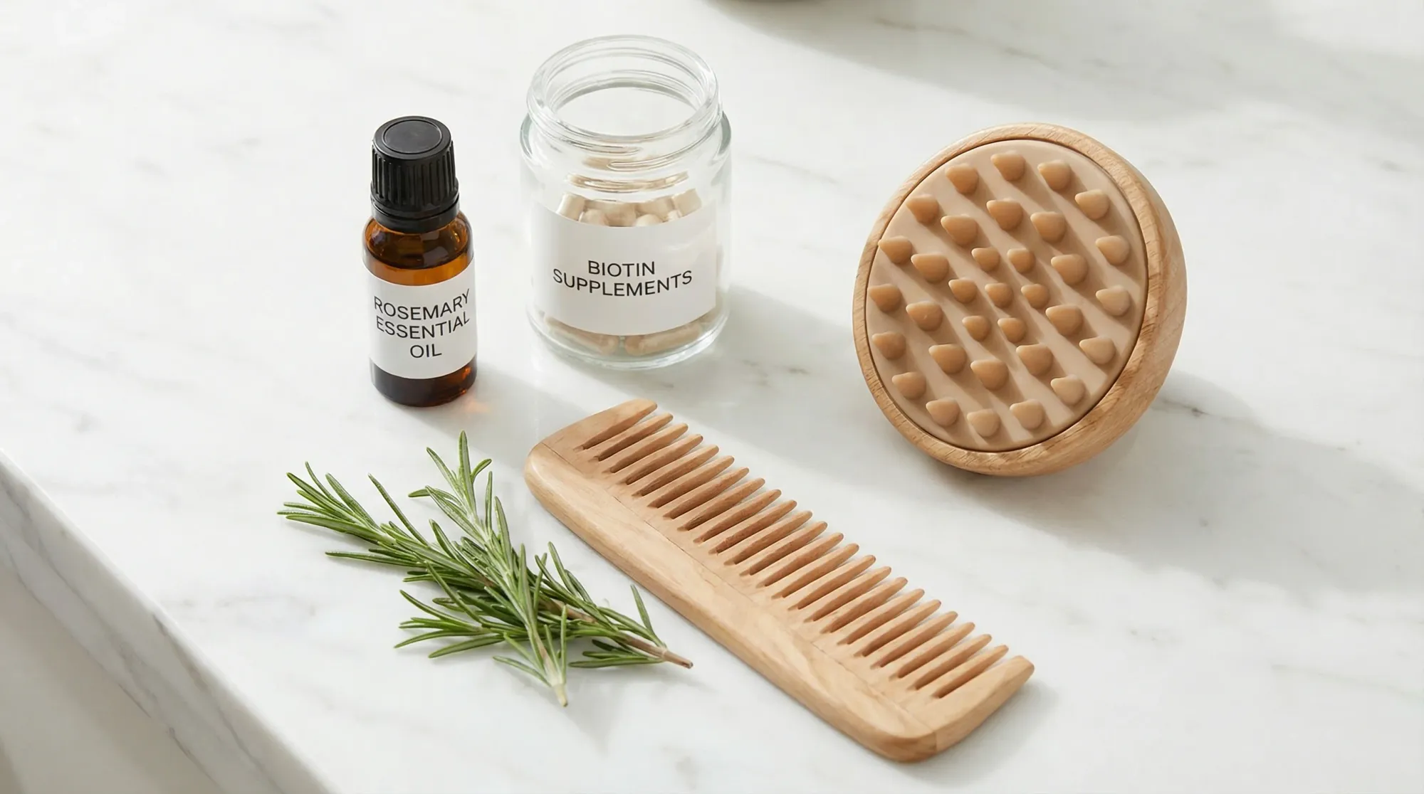 Natural hair care for PCOS — rosemary oil, biotin, and a wide-tooth comb