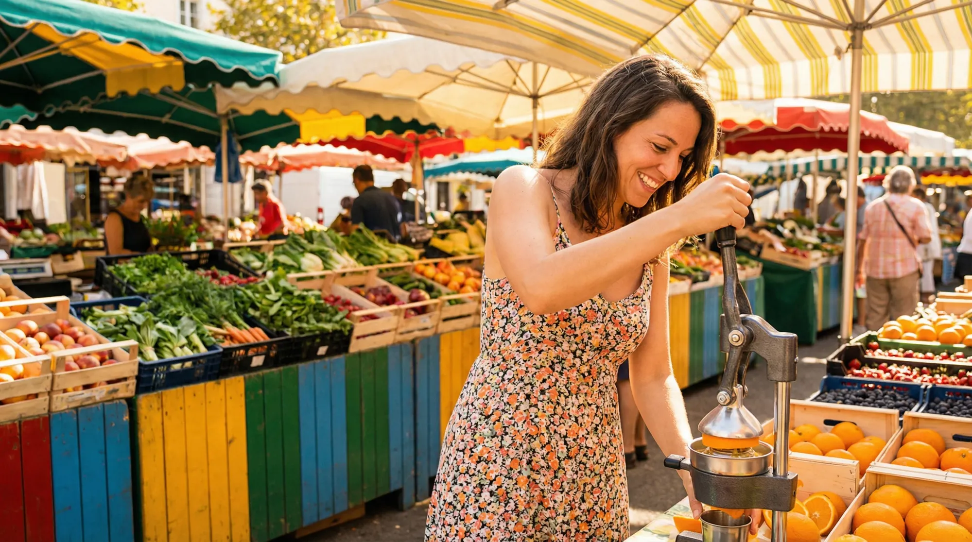 Woman choosing fresh produce at a farmers market on a sunny morning