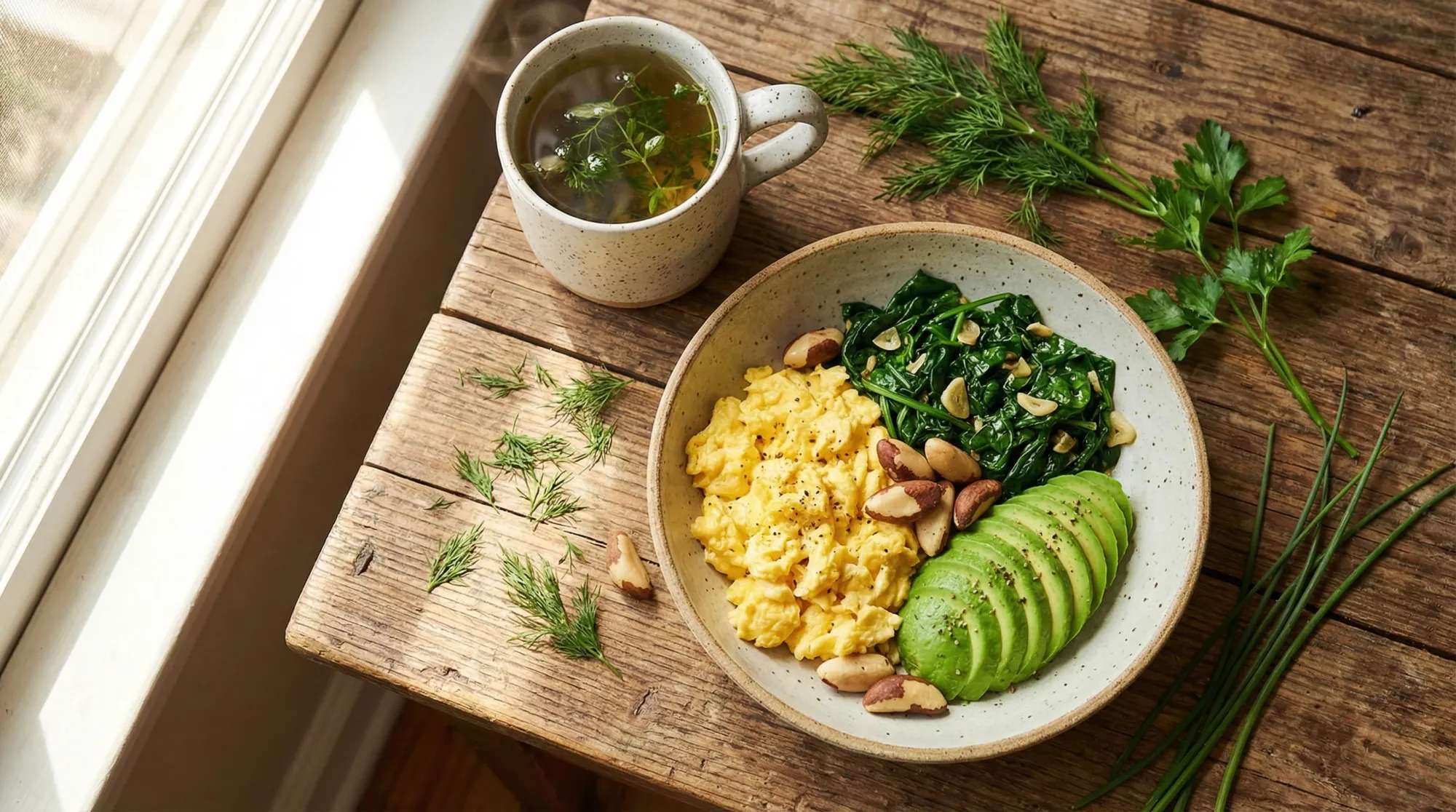 Thyroid-friendly breakfast bowl with scrambled eggs, spinach, avocado, and Brazil nuts