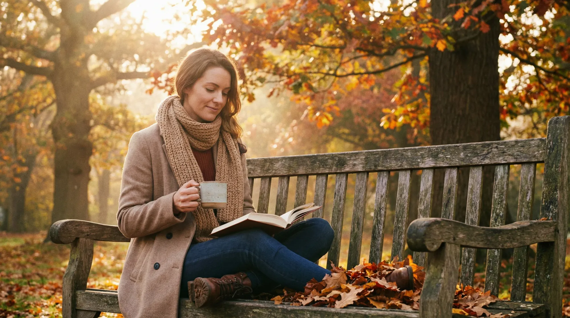Woman reading peacefully on a park bench during the two-week wait