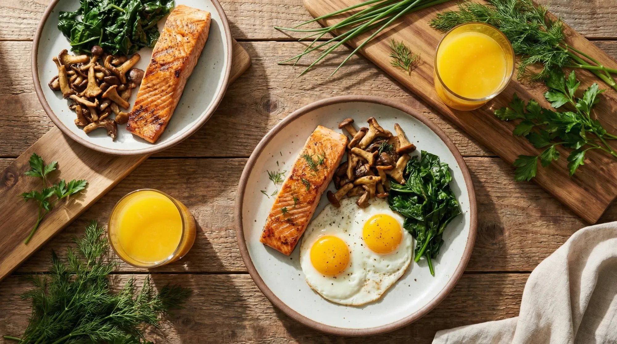 Flat lay of vitamin D rich foods: salmon, eggs, mushrooms, and leafy greens