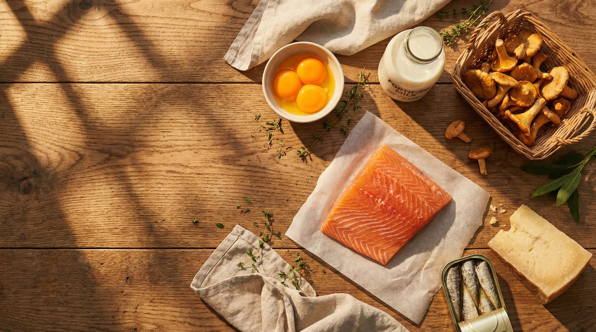 Vitamin D rich foods including salmon, eggs, mushrooms, and fortified milk
