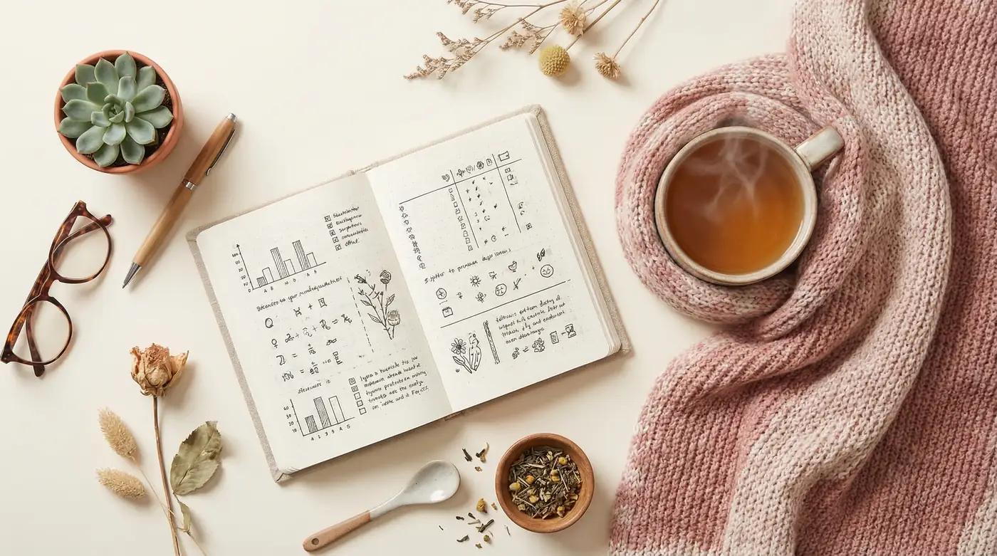 Woman tracking fertility symptoms in a journal with herbal tea during the two-week wait