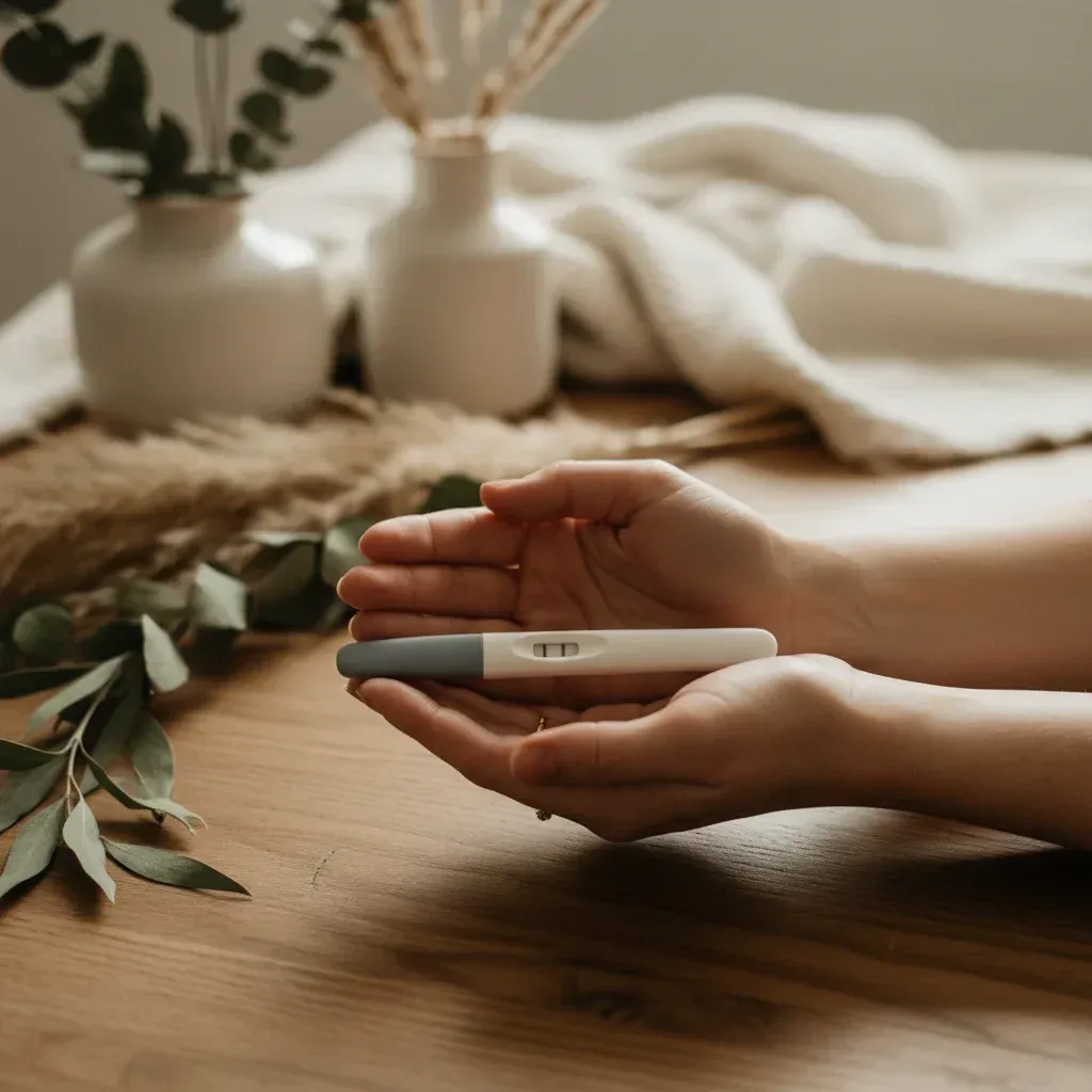Hands gently holding a pregnancy test on a wooden surface with eucalyptus and soft natural light