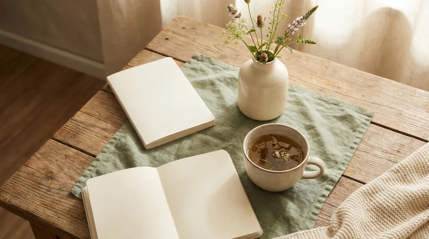 Peaceful morning routine with herbal tea and journal during the two-week wait