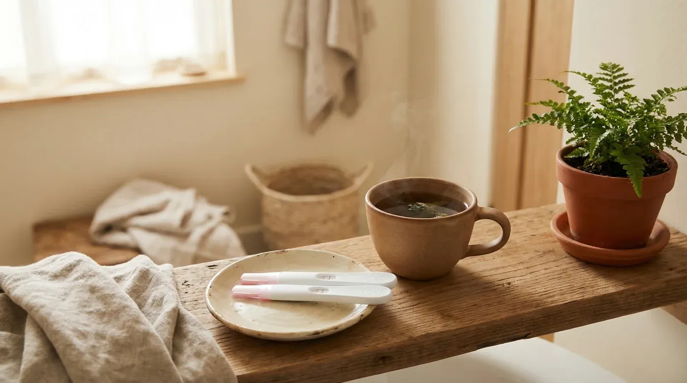 Positive pregnancy tests on a bathroom shelf in soft morning light