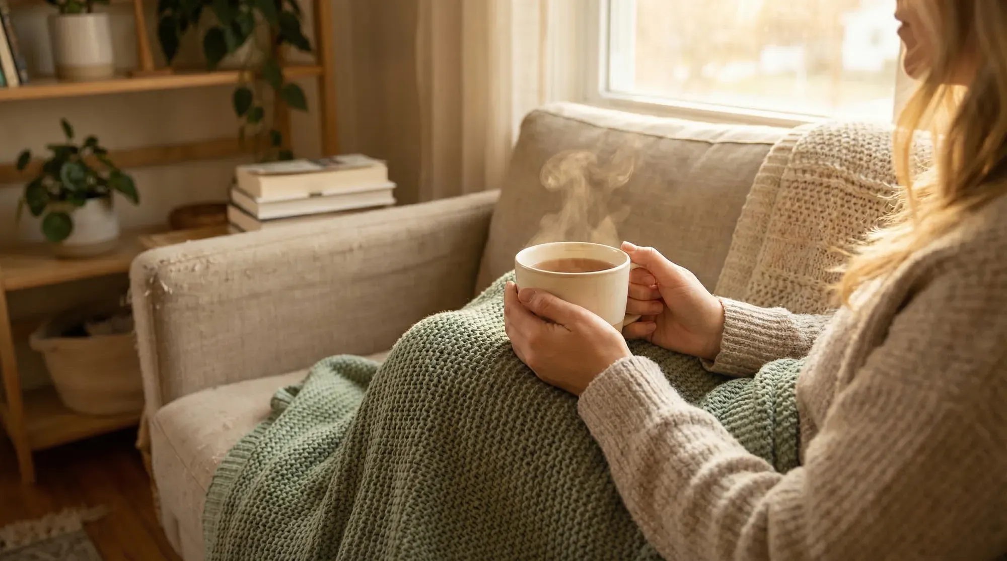 Woman holding a warm cup of tea while waiting during the two-week wait at 8 DPO