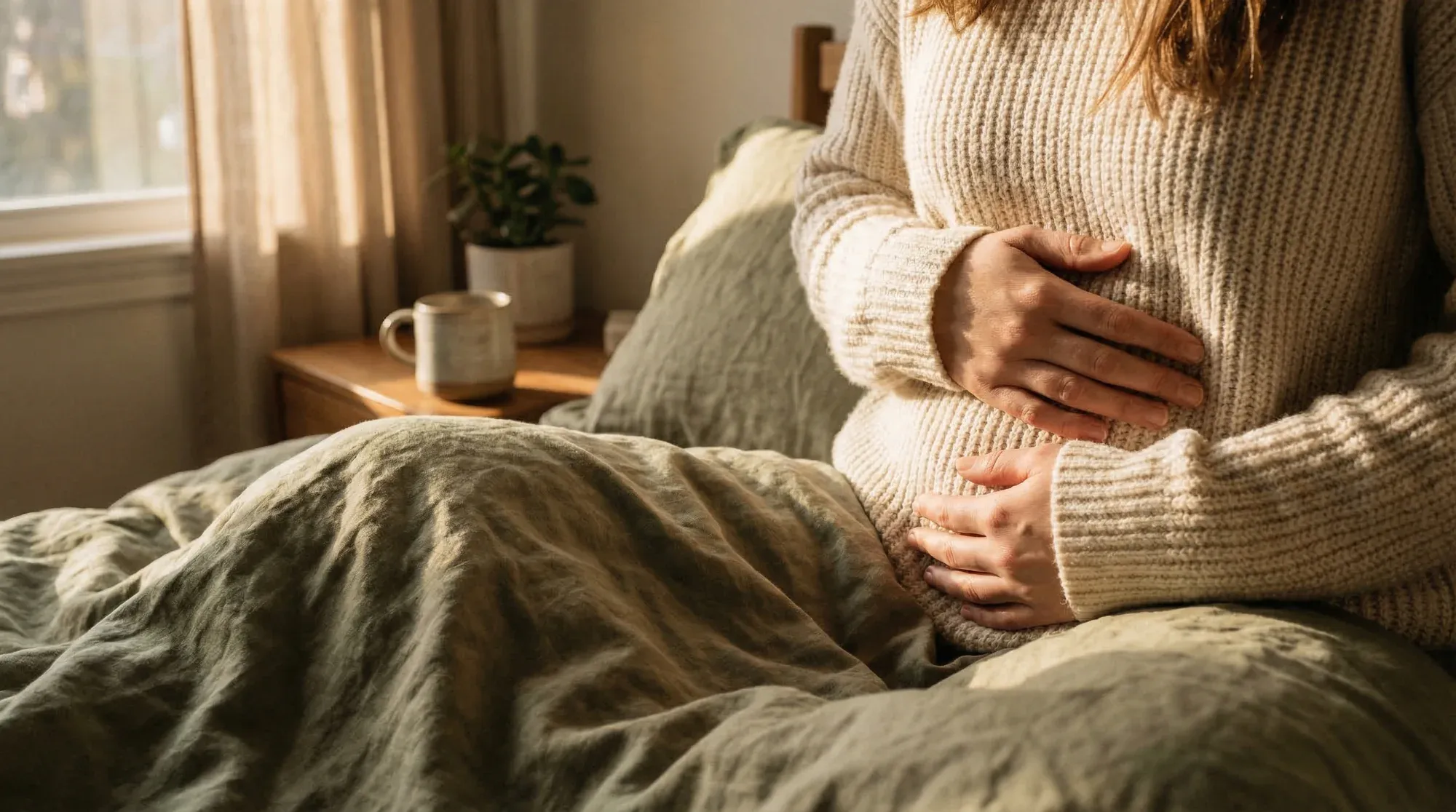 Woman resting with hands on abdomen during the two-week wait — 9 DPO