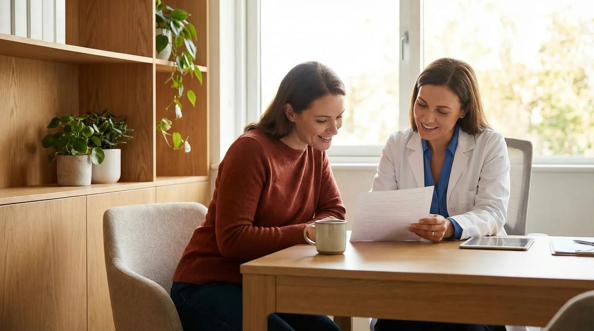 Woman discussing AMH test results with her doctor in a warm consultation room