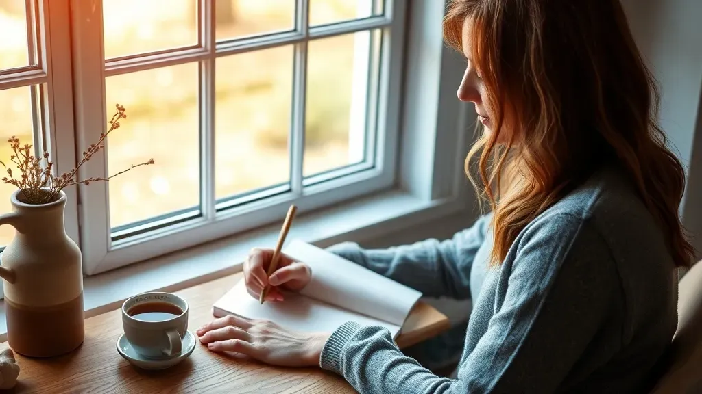 Woman tracking her cycle in a journal by a sunny window