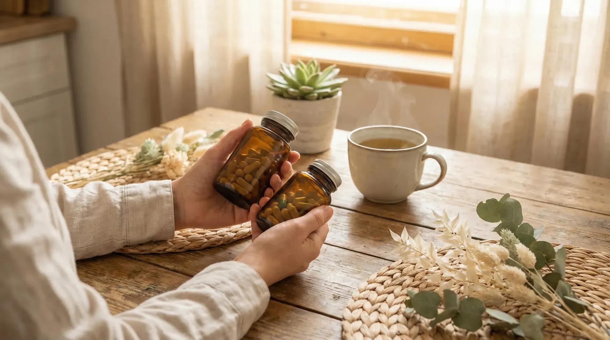 Comparing CoQ10 supplement options at a kitchen table with morning tea