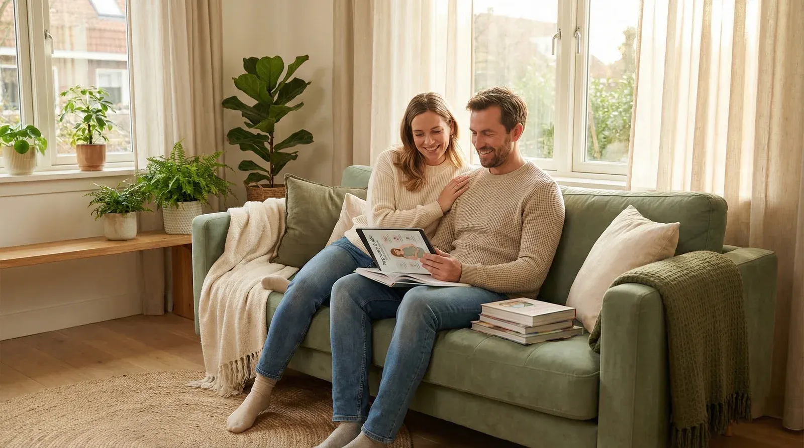 Couple in their mid-thirties sitting together on a sofa, planning their preconception journey