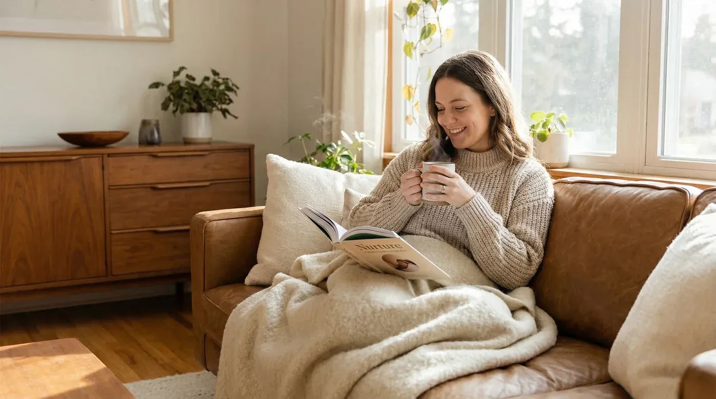 Woman sitting on sofa with ginger tea and pregnancy book in soft morning light