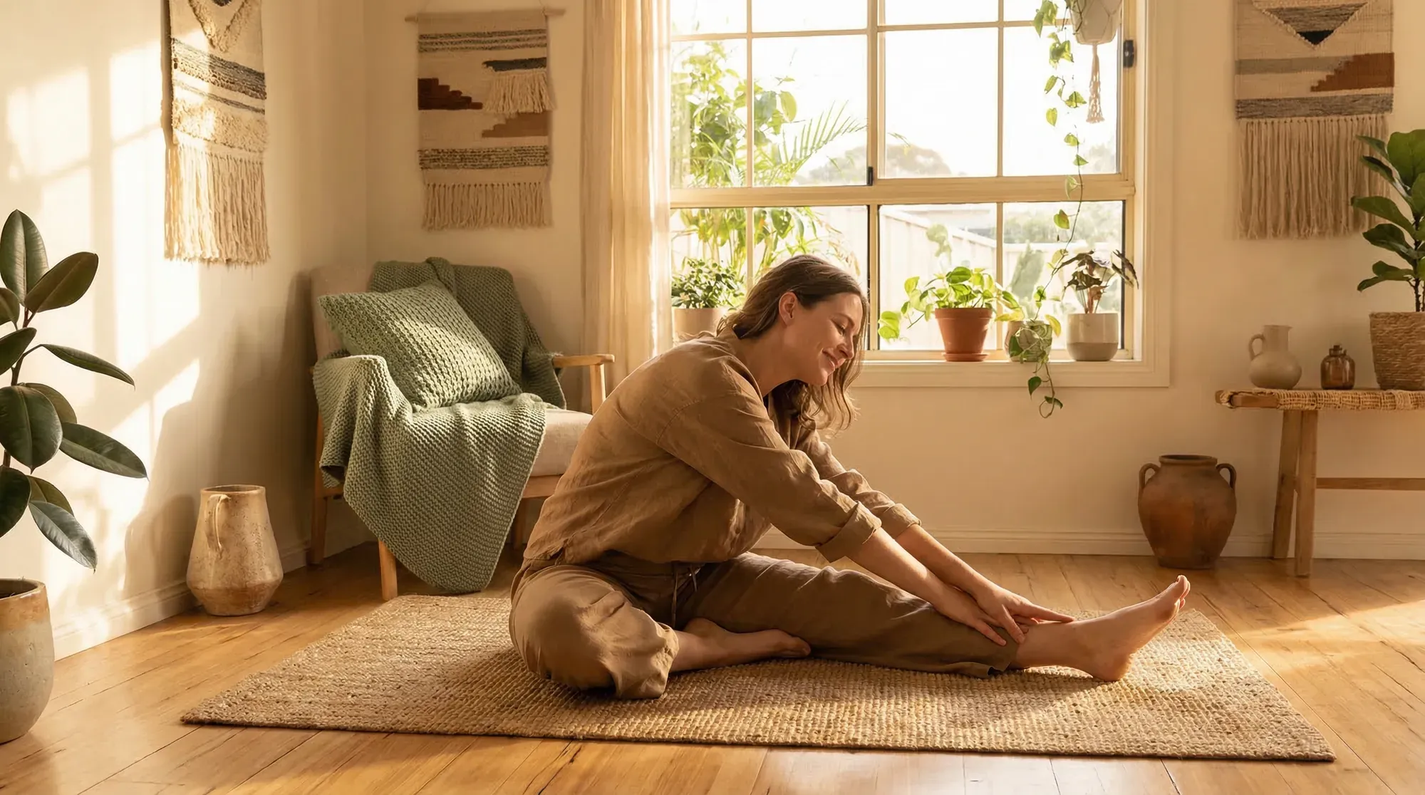 Woman practising gentle yoga in a sunlit room — moderate exercise supports egg quality better than high-intensity training