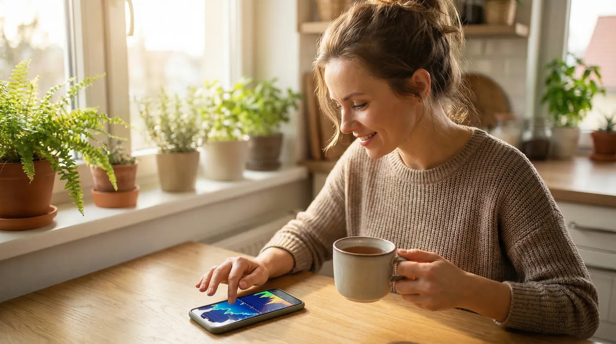 Woman checking her Inito fertility monitor results on her phone in the morning