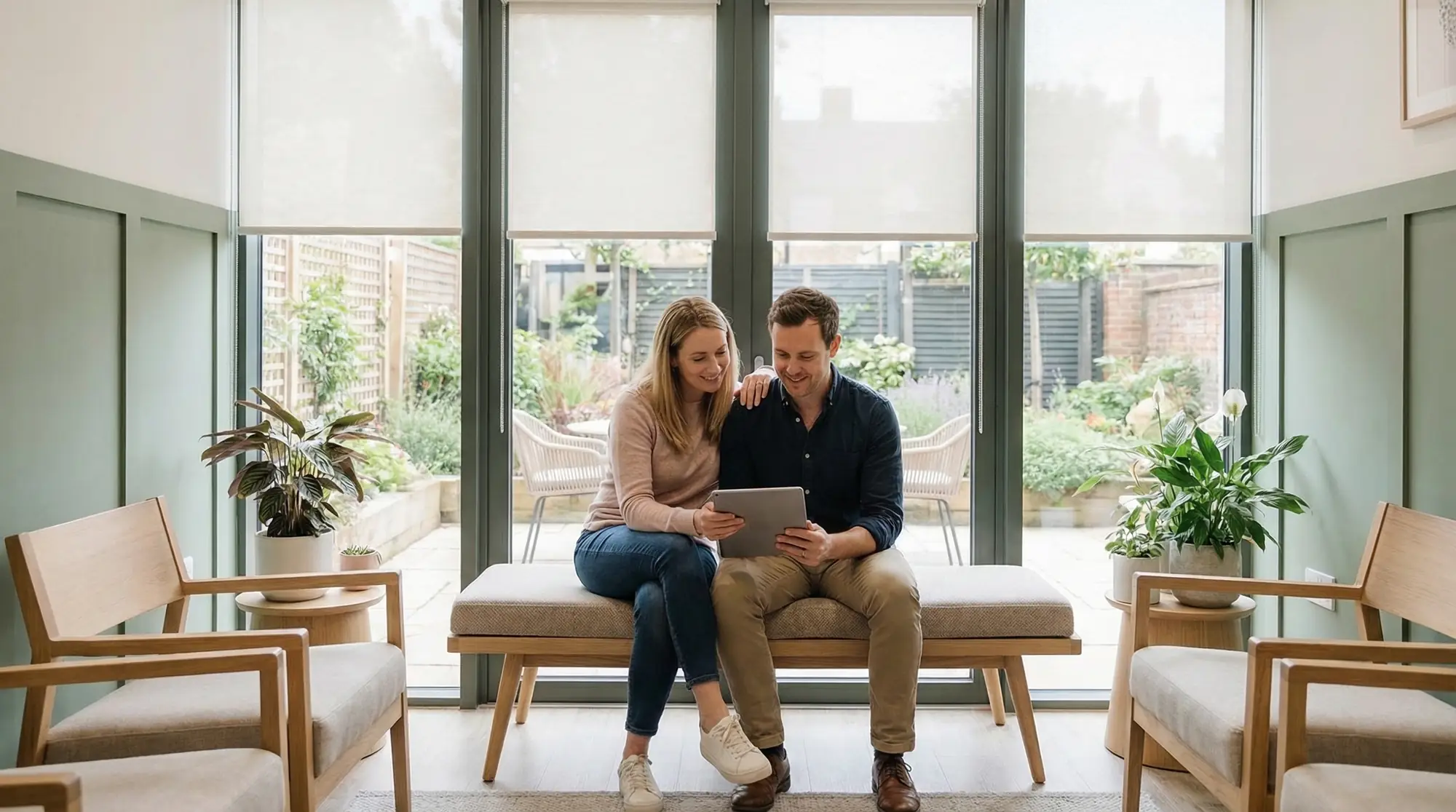 Couple sitting together in a modern fertility clinic waiting room reviewing information on a tablet
