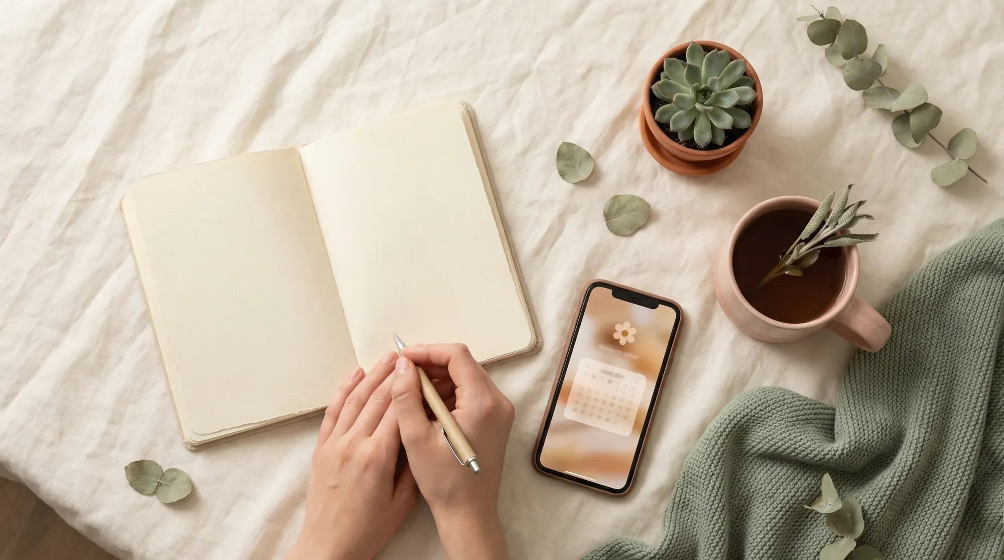Flat lay of hands writing in a fertility tracking journal alongside a phone and herbal tea
