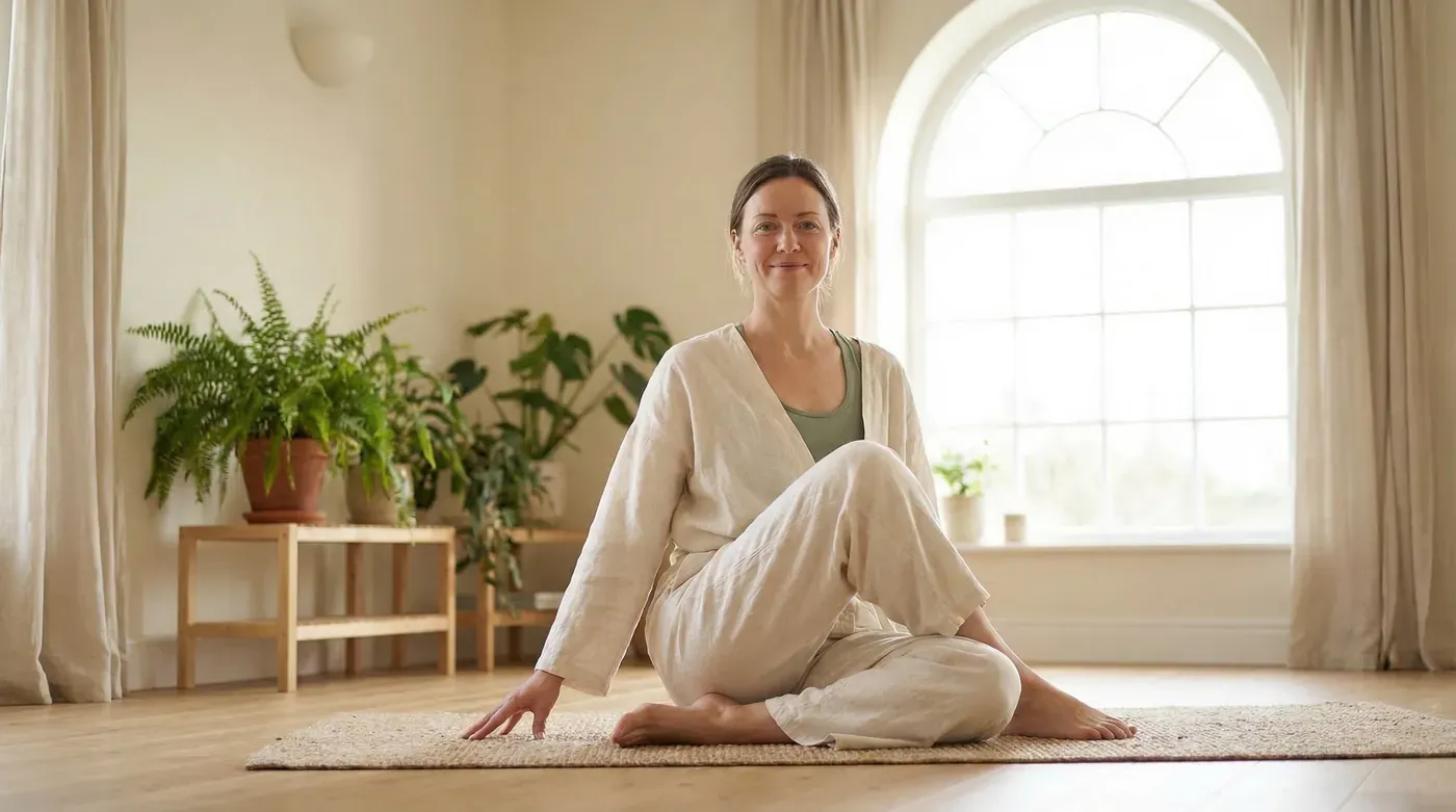 Woman practising gentle yoga in a bright, airy room with morning light