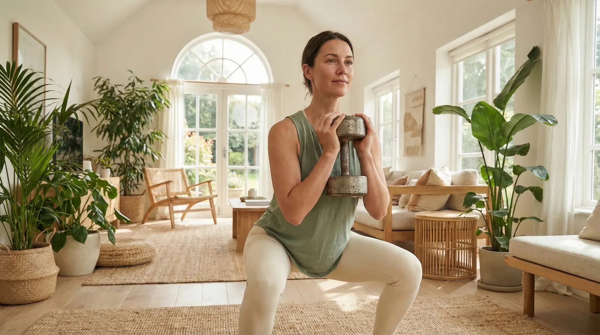 Woman doing a goblet squat with a dumbbell in a bright home setting — resistance training for PCOS management