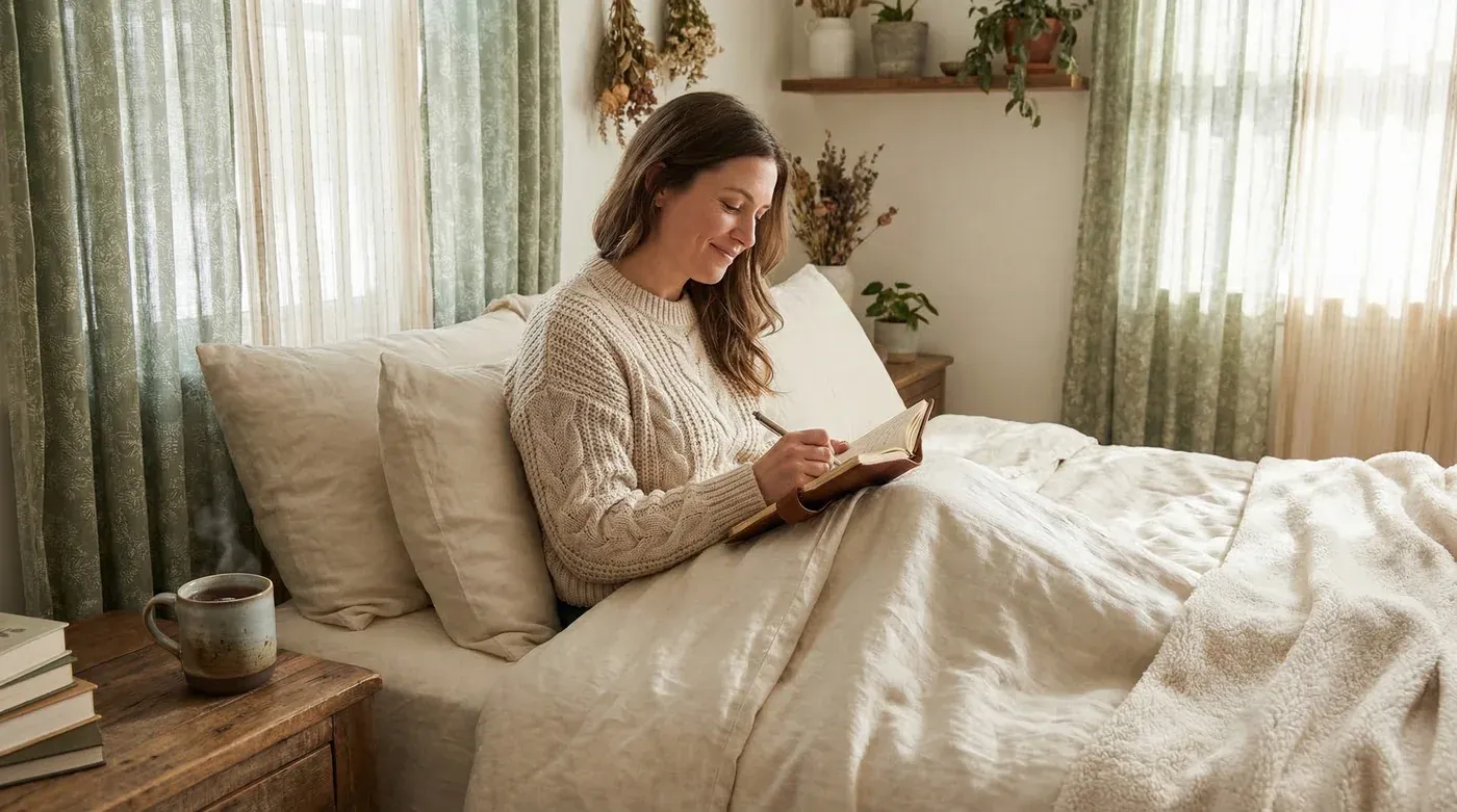 Woman writing in a pregnancy journal in bed with morning light