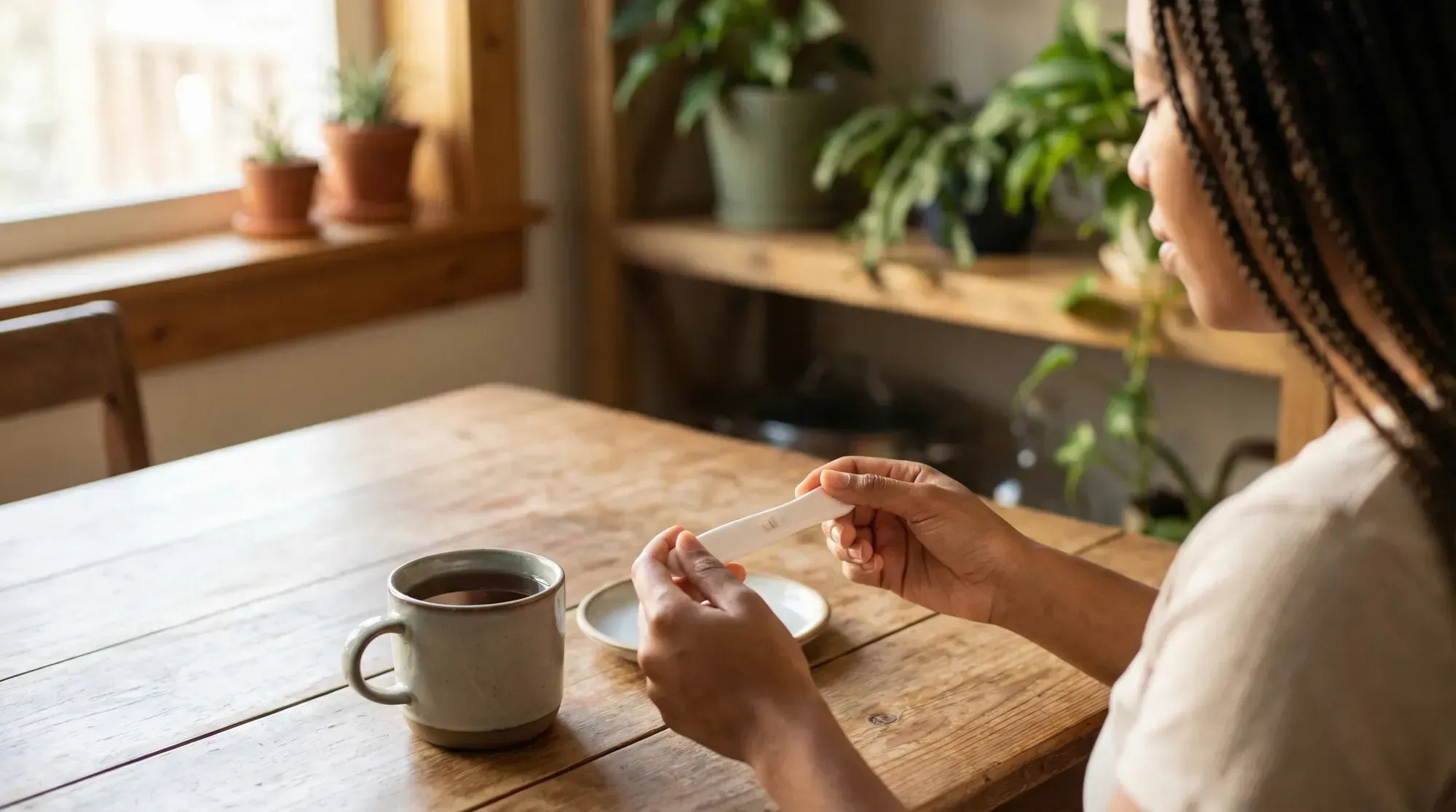 Woman holding a pregnancy test at a kitchen table with herbal tea — the anxious wait during the two-week window