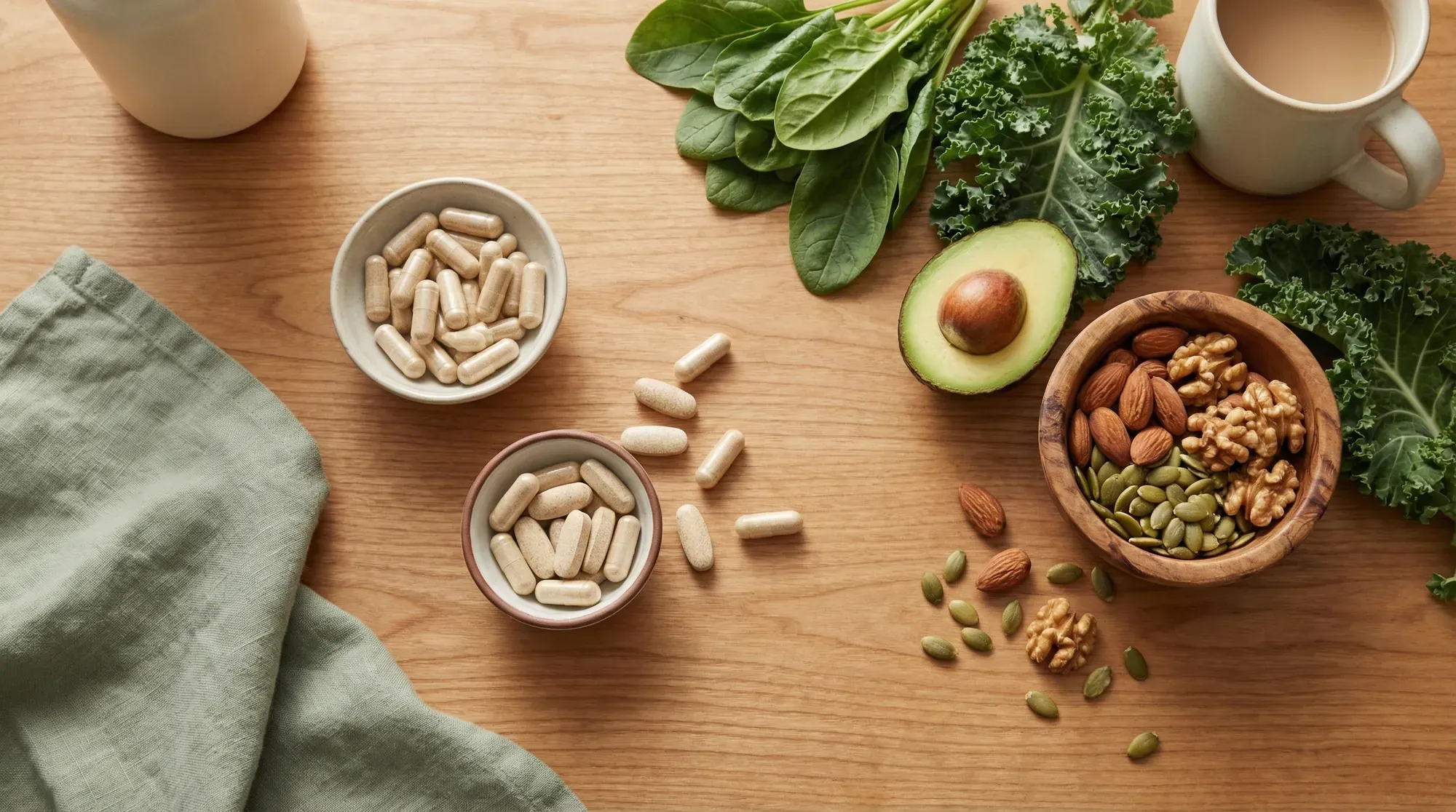 Prenatal vitamin capsules arranged on a wooden surface with fresh greens, avocado, and nuts