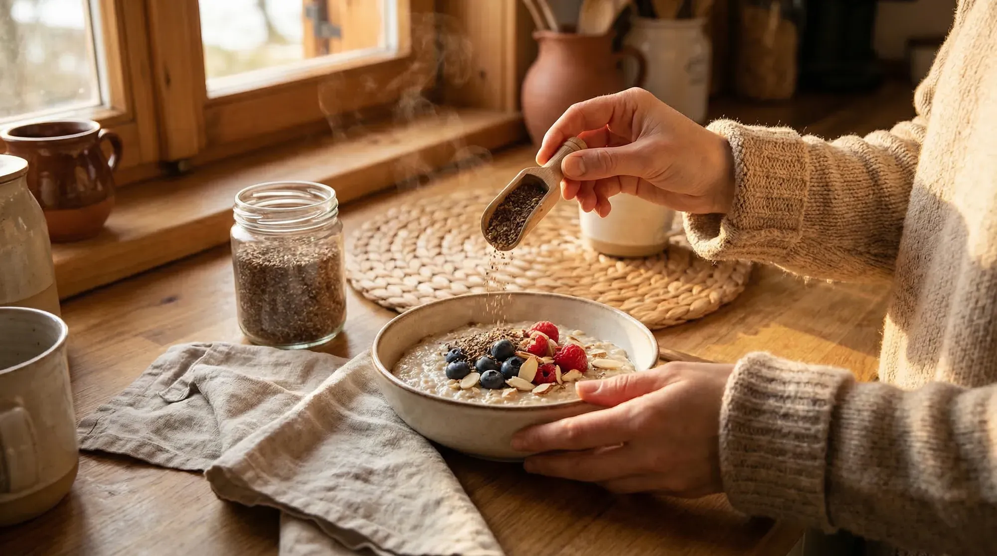 Smoothie bowl topped with pumpkin seeds and flaxseeds